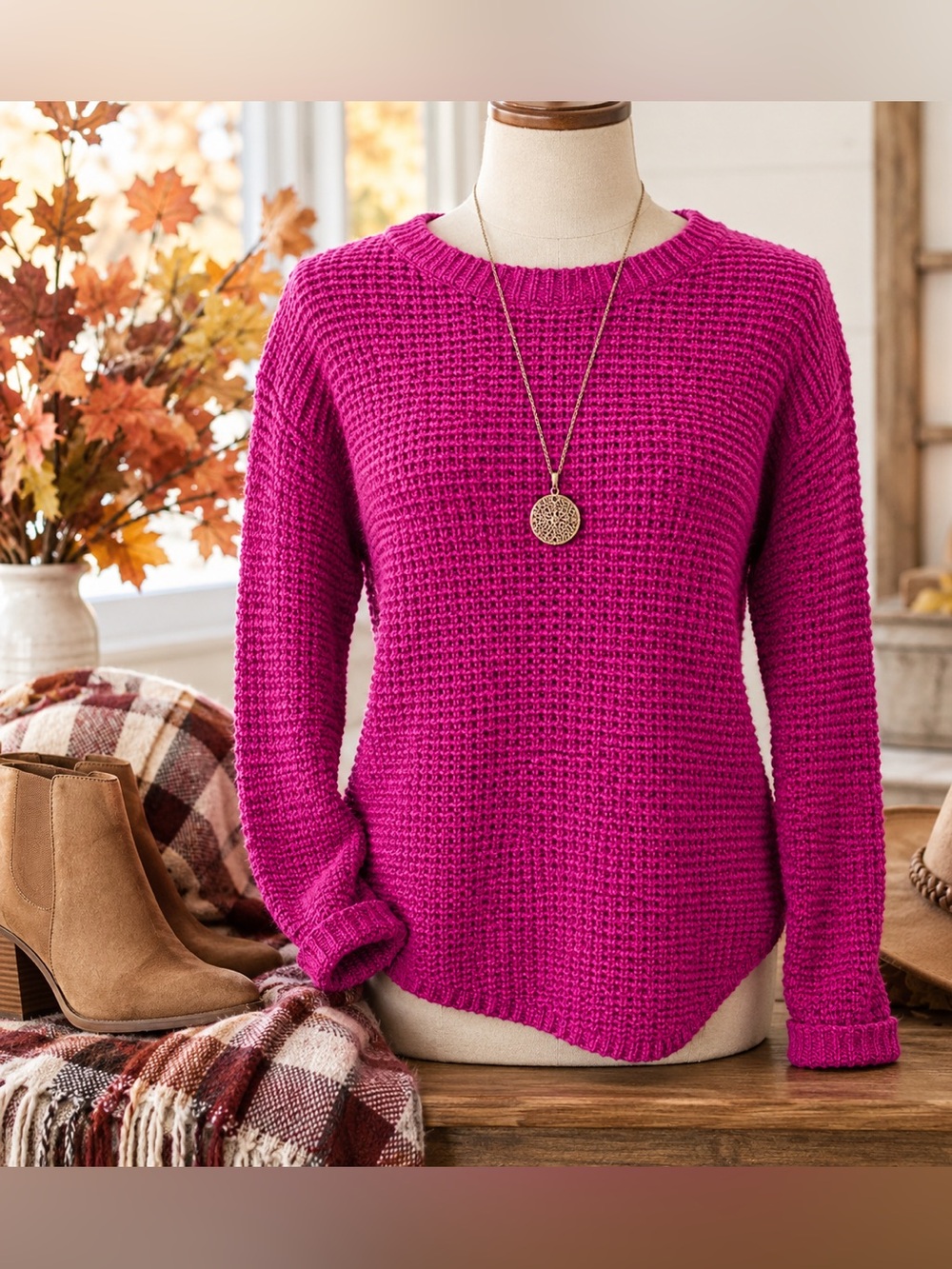 Fuchsia Waffle Knit Sweater Top Lightweight Fall Layering Sweater Small